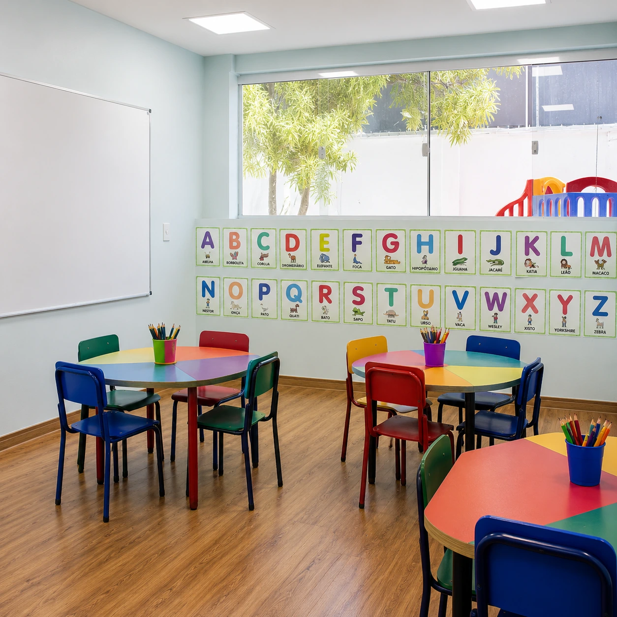 Sala de aula com mesas coloridas e alfabeto na parede.